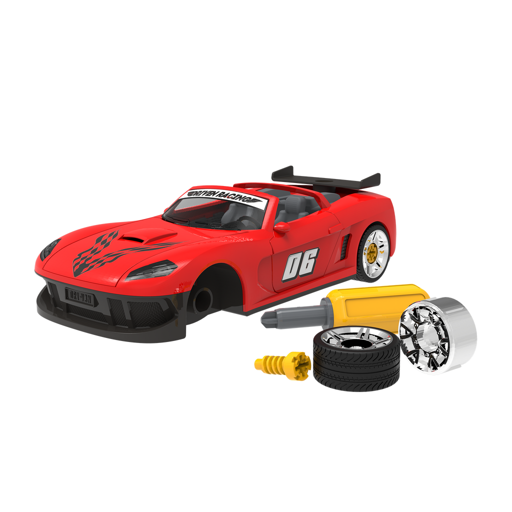 Red take-apart toy sports car with tools and stickers