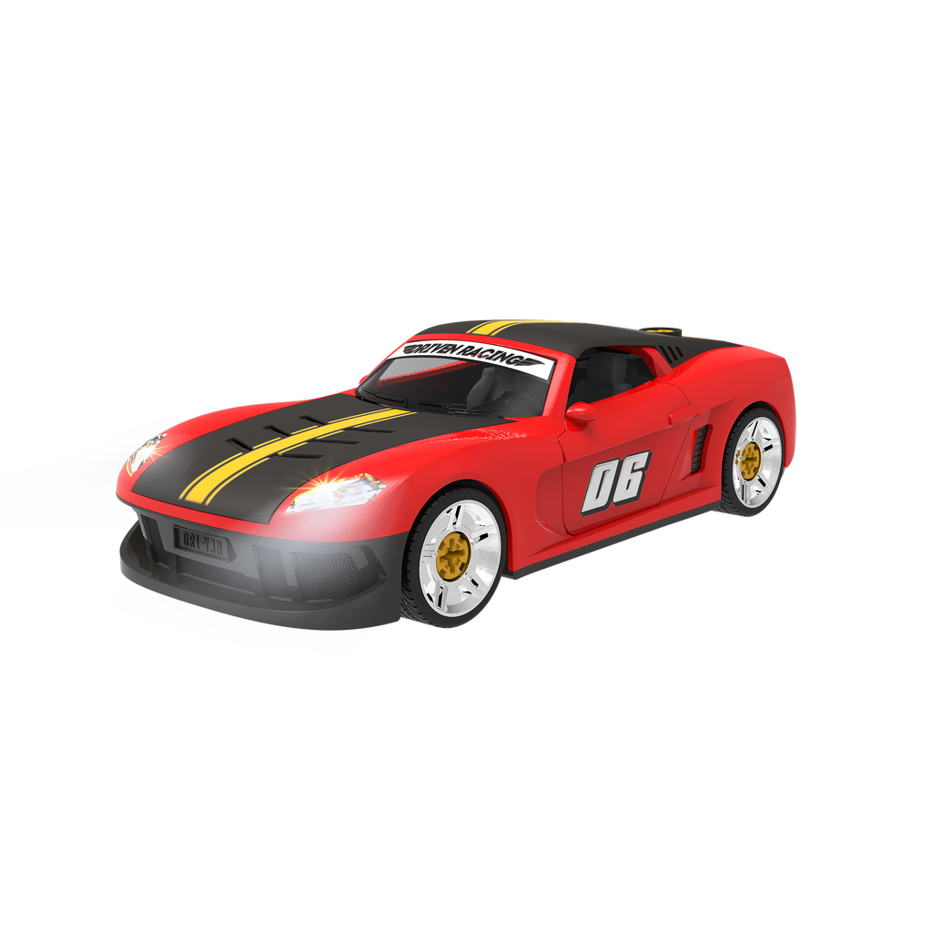 Red take-apart toy sports car with tools and stickers