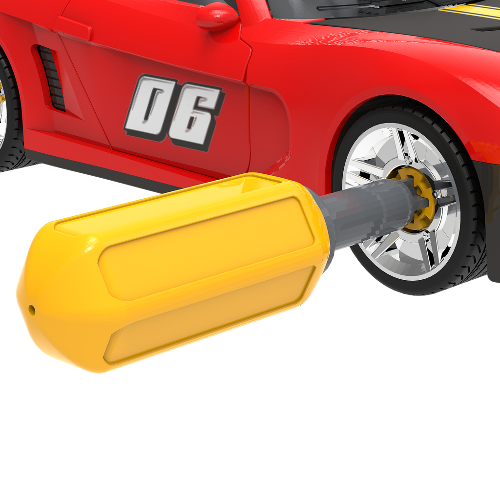 Red take-apart toy sports car with tools and stickers