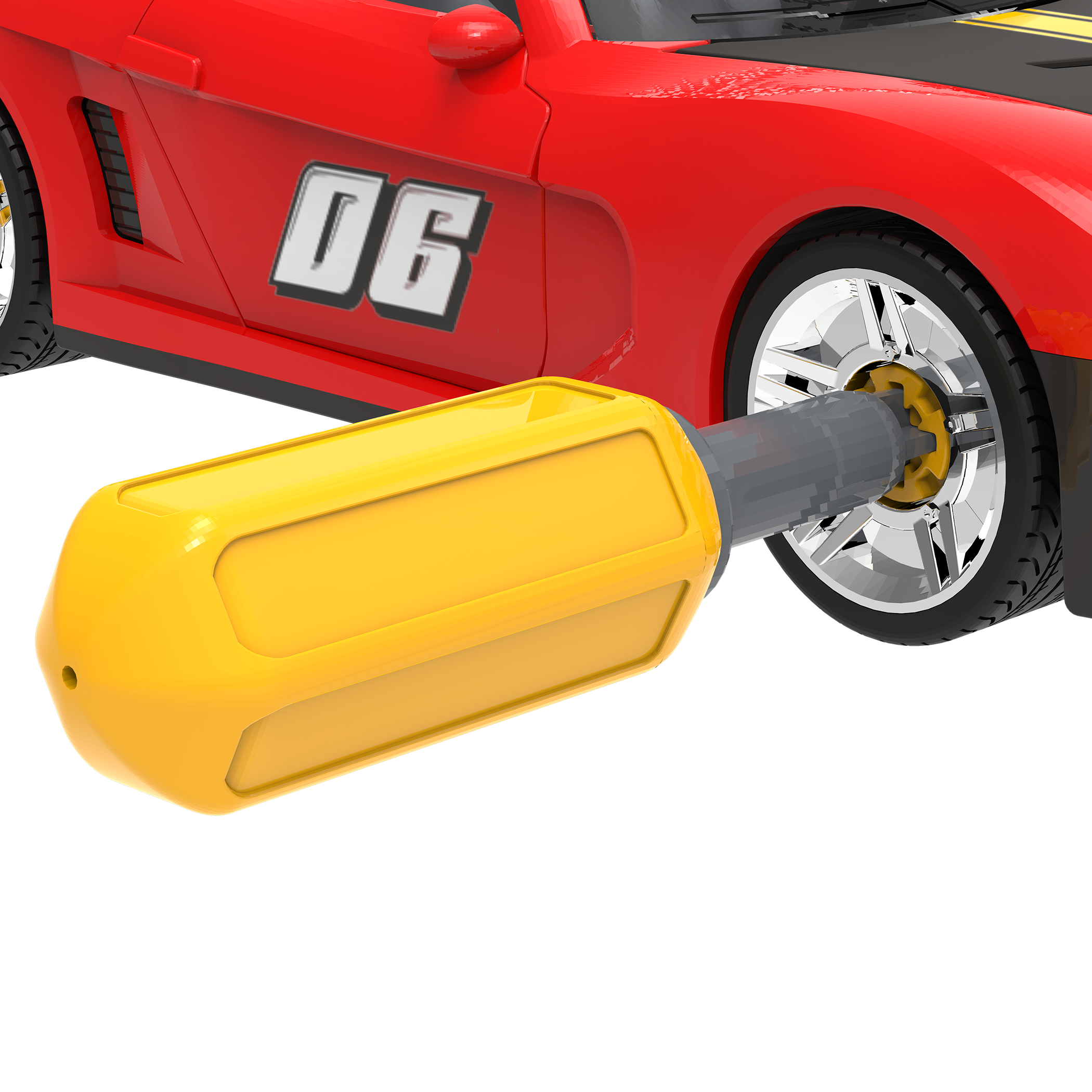 Red take-apart toy sports car with tools and stickers