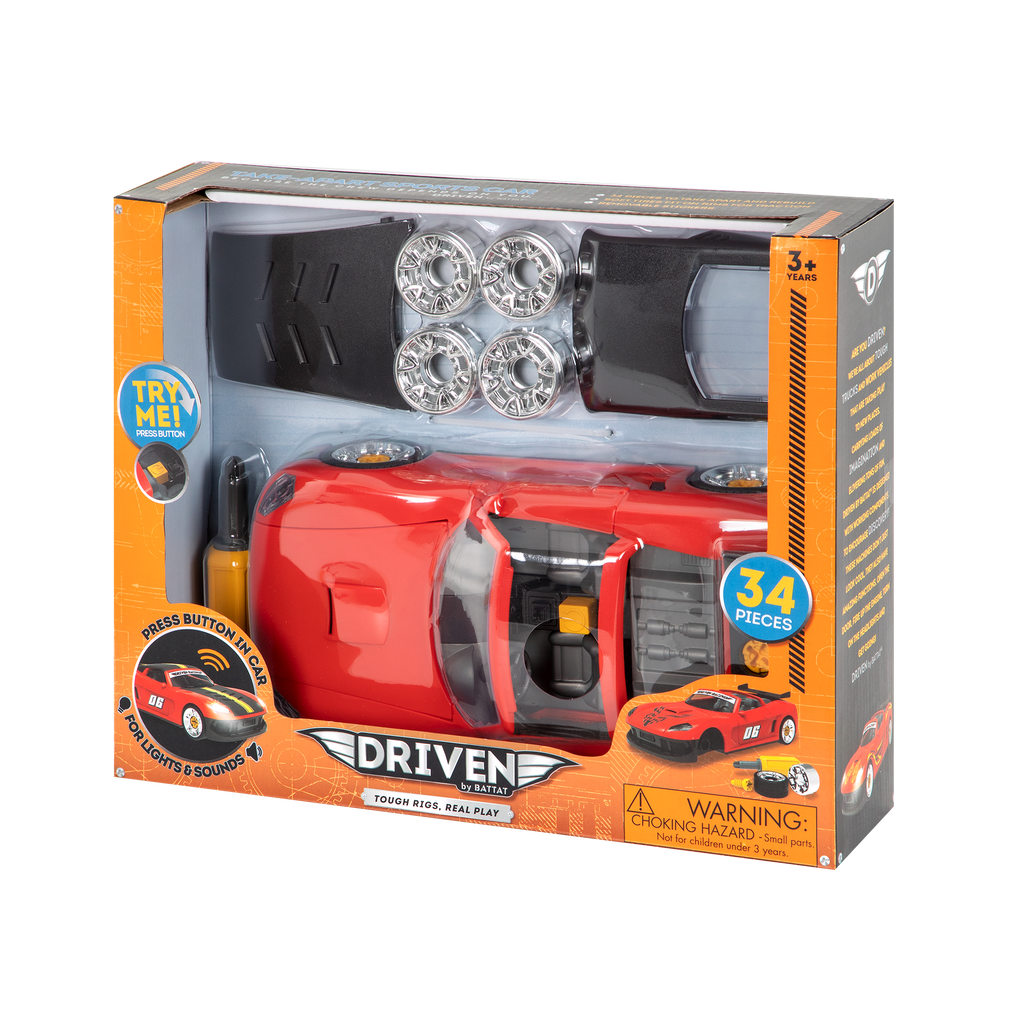 Red take-apart toy sports car with tools and stickers