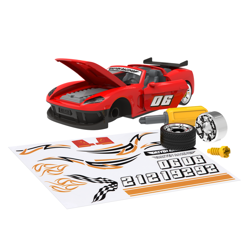Red take-apart toy sports car with tools and stickers