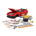 Red take-apart toy sports car with tools and stickers