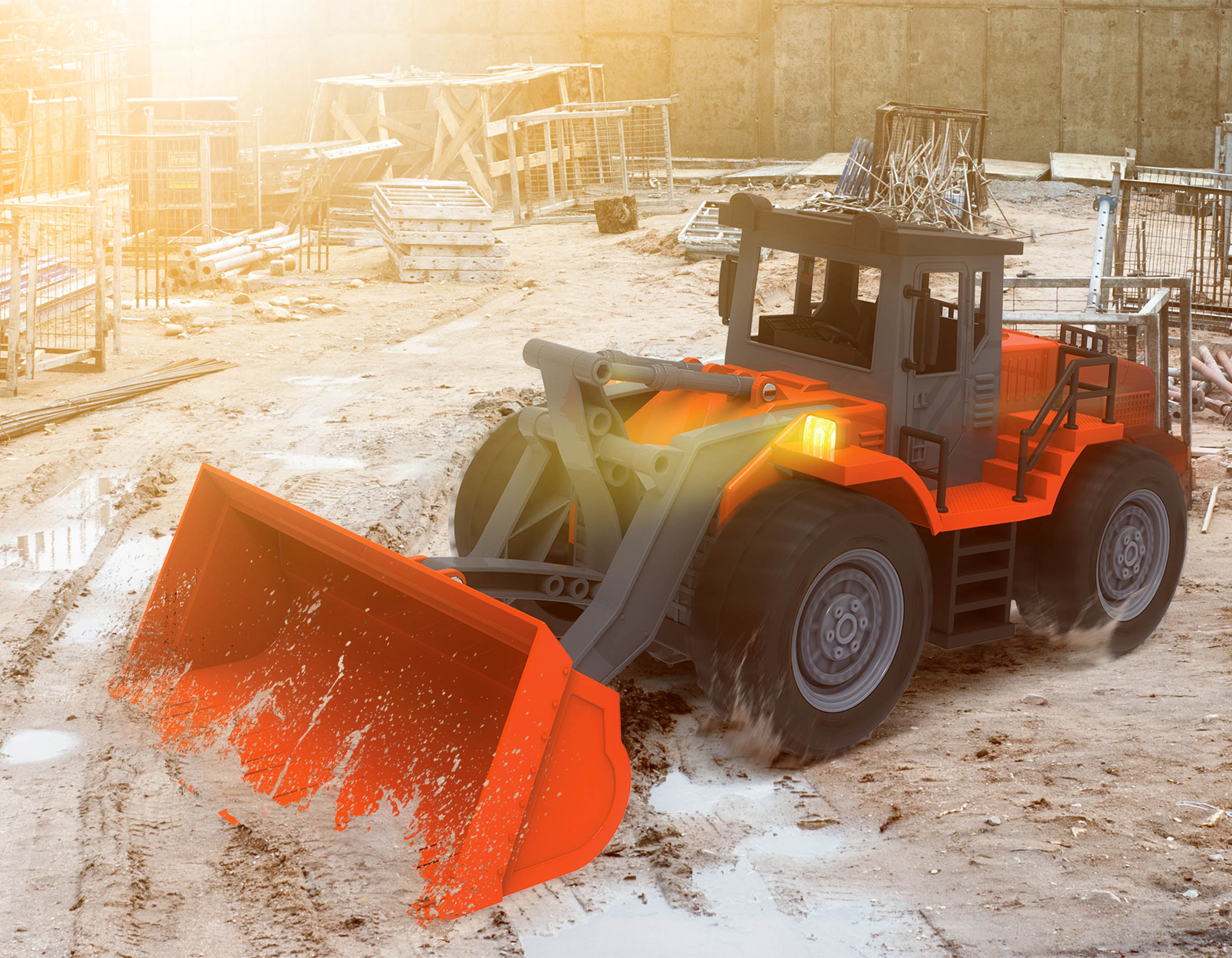 Midrange Remote control orange toy front end loader.