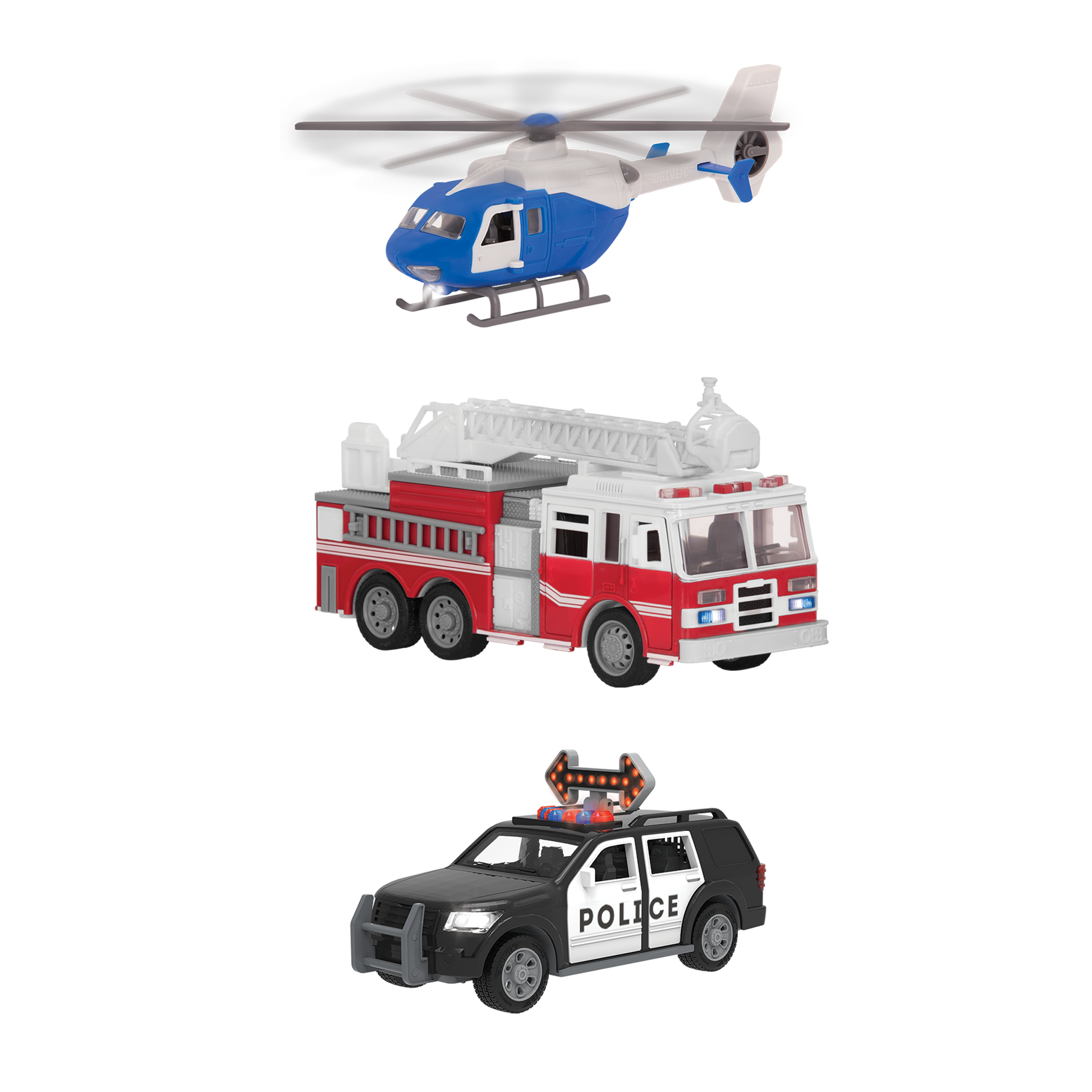 Toy emergency vehicle set.