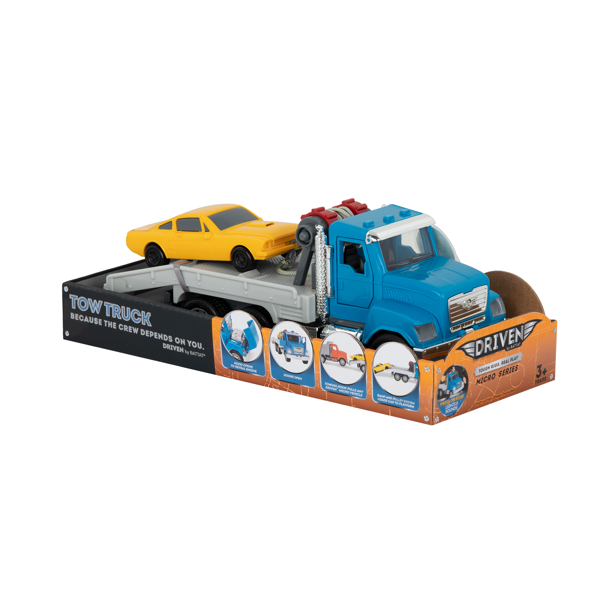 Small Micro Series Blue Tow Truck with Yellow Car