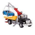 Black toy tow truck towing blue car