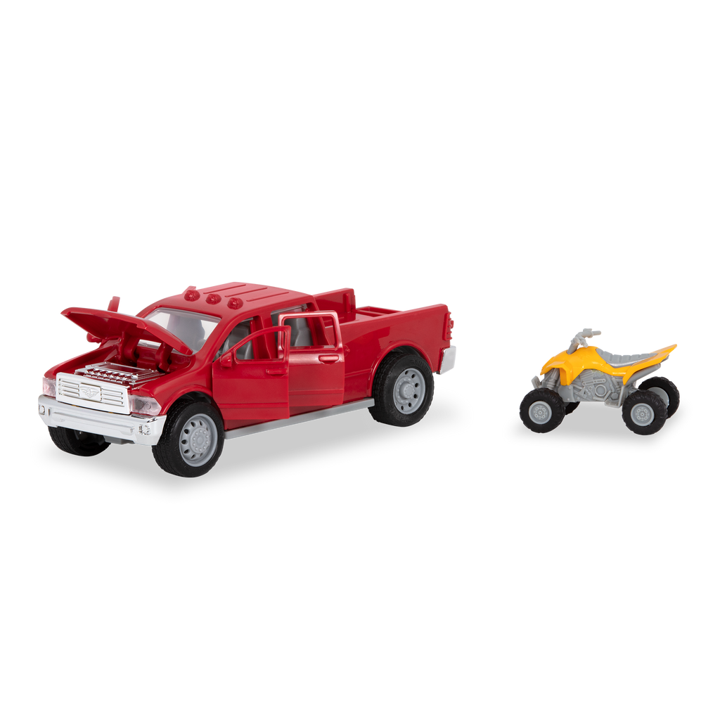 Small Micro Series Red toy pick-up truck and yellow ATV