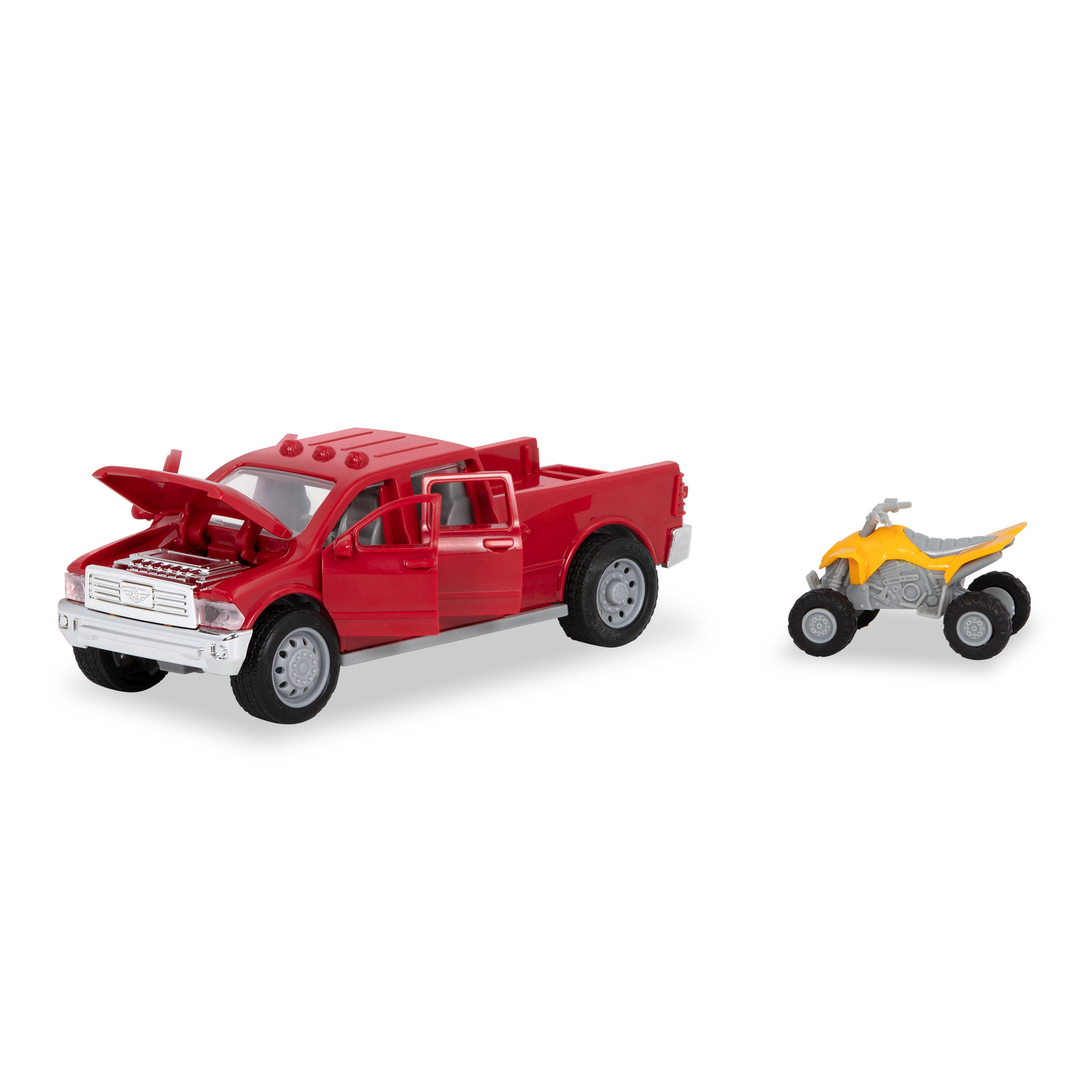 Small Micro Series Red toy pick-up truck and yellow ATV
