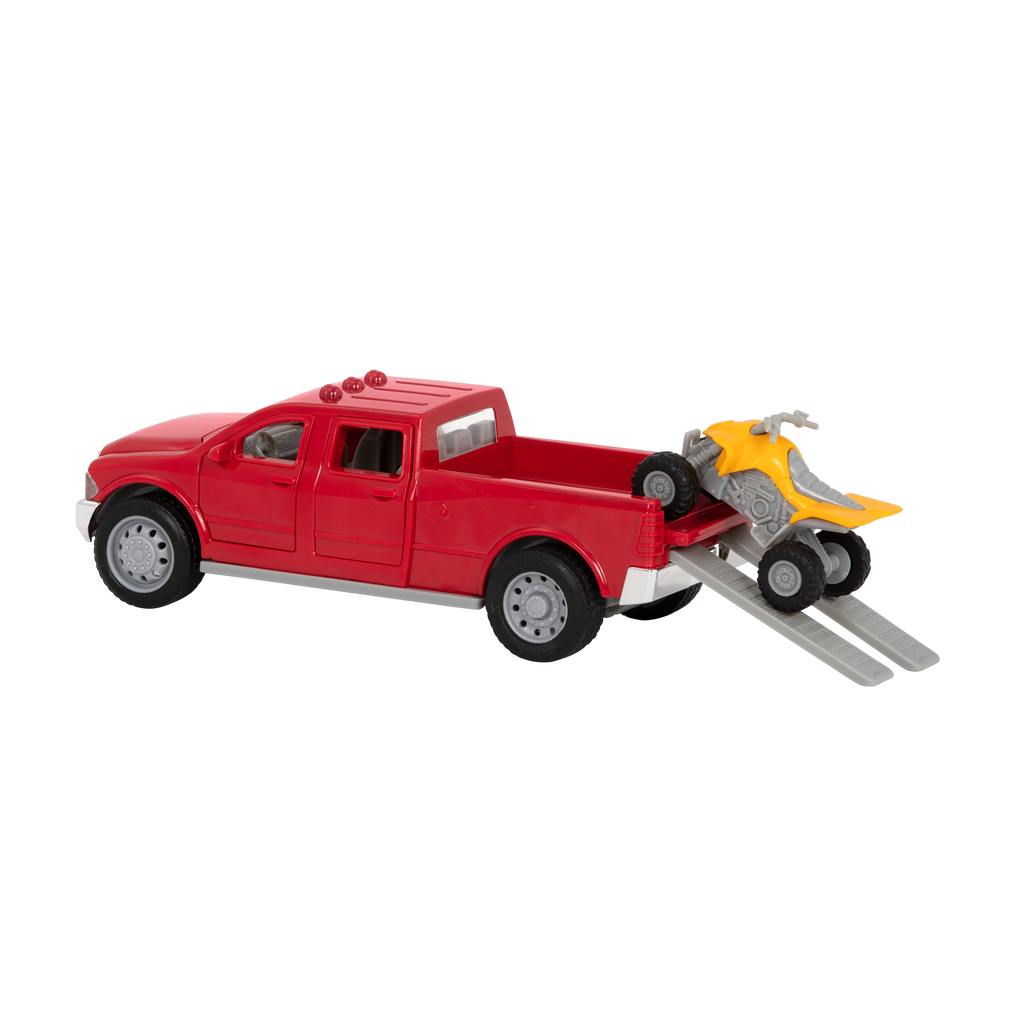 Small Micro Series Red toy pick-up truck and yellow ATV