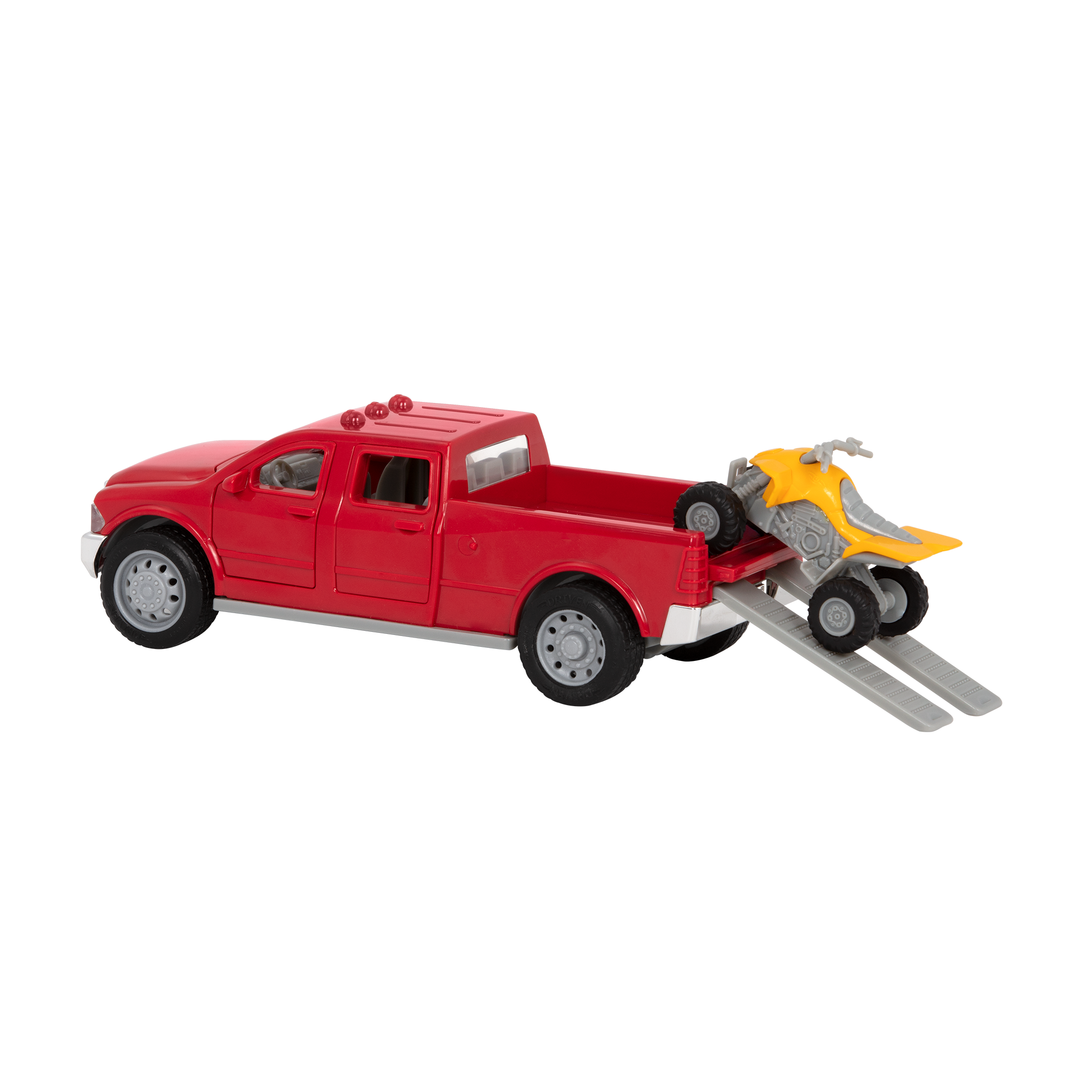 Small Micro Series Red toy pick-up truck and yellow ATV