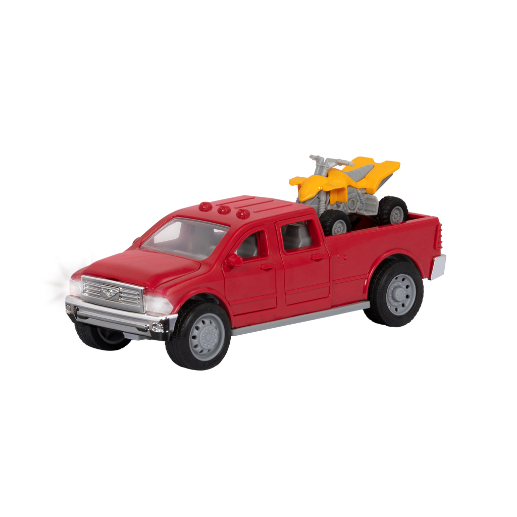 Small Micro Series Red toy pick-up truck and yellow ATV