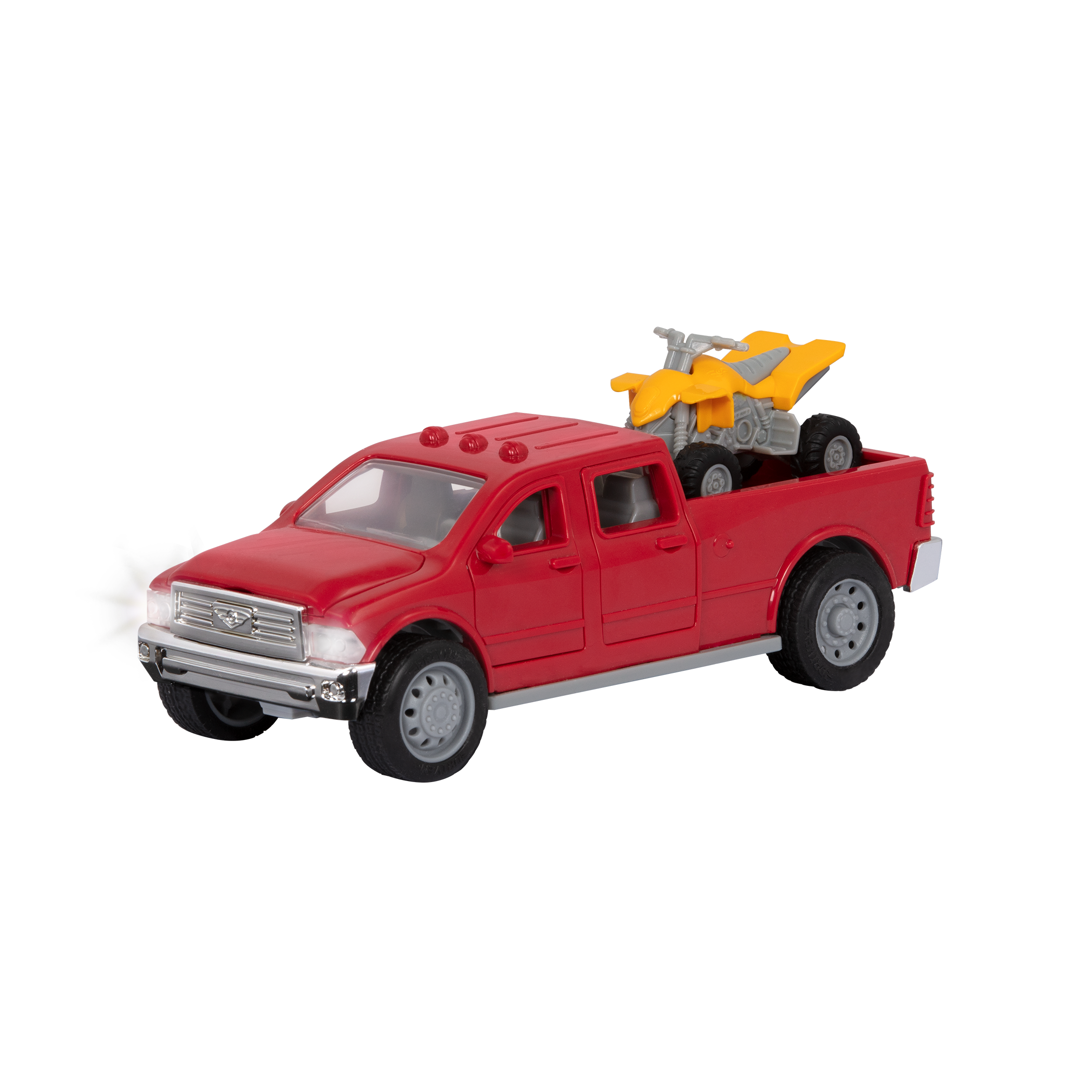 Small Micro Series Red toy pick-up truck and yellow ATV