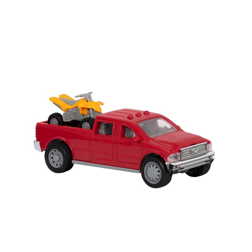 Small Micro Series Red toy pick-up truck and yellow ATV