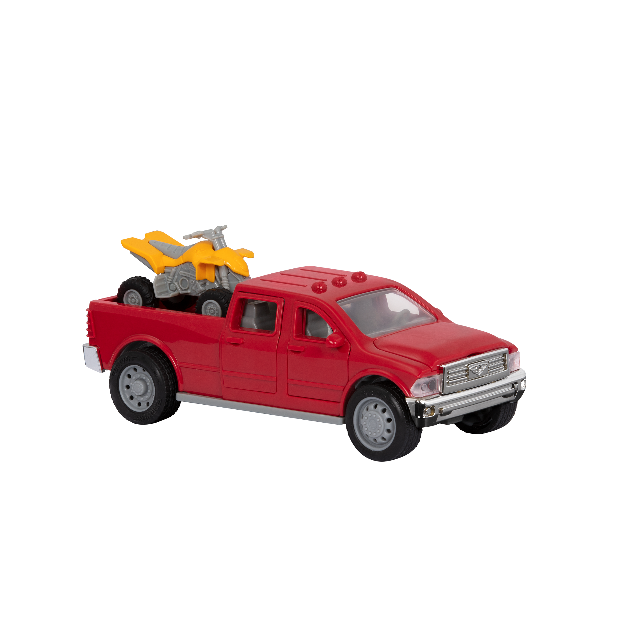 Small Micro Series Red toy pick-up truck and yellow ATV