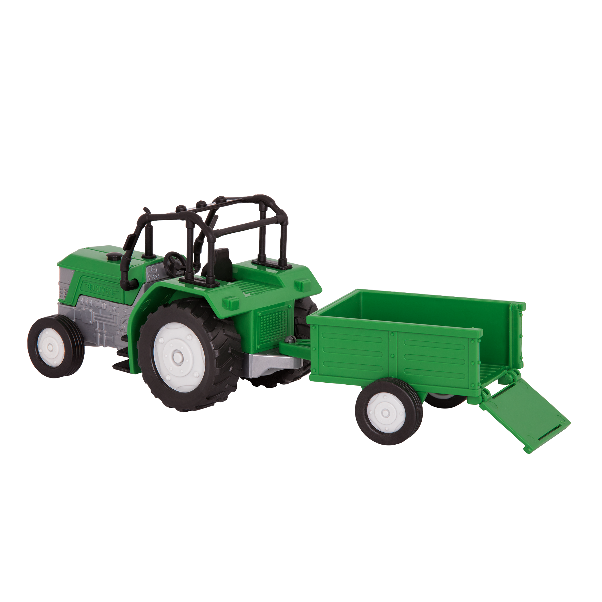Small Micro Series Green toy tractor with trailor