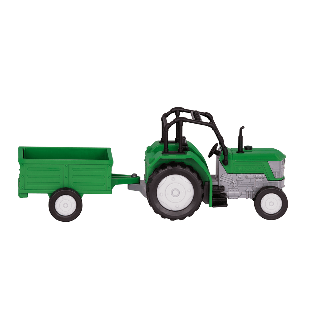 Small Micro Series Green toy tractor with trailor
