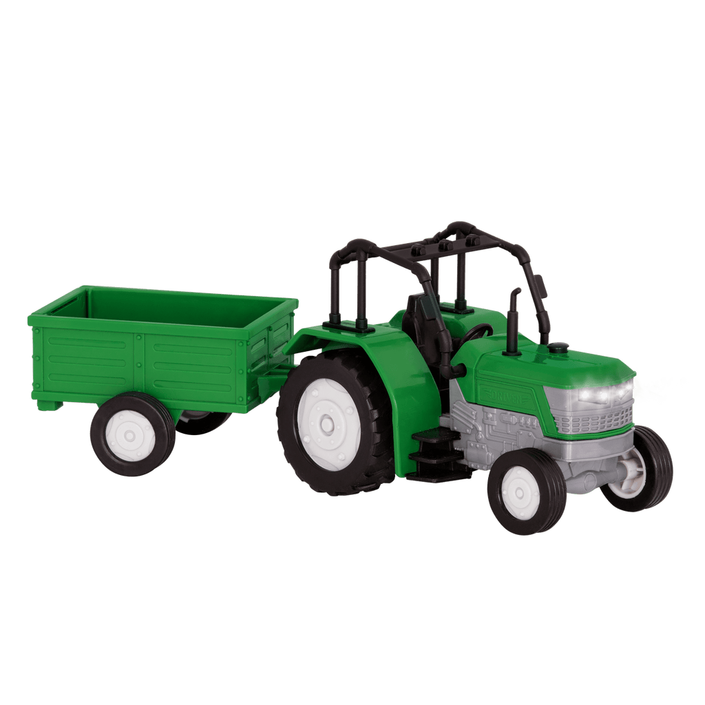 Small Micro Series Green toy tractor with trailor
