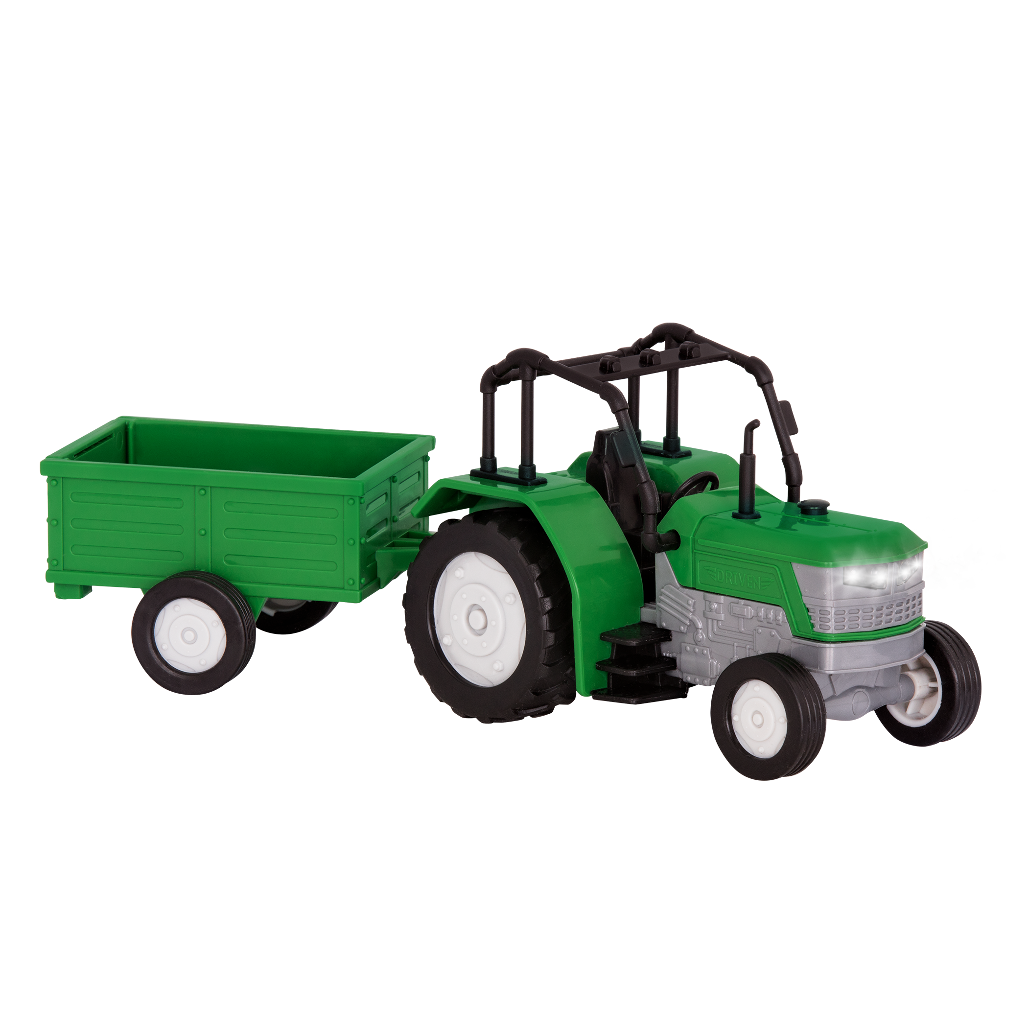 Small Micro Series Green toy tractor with trailor