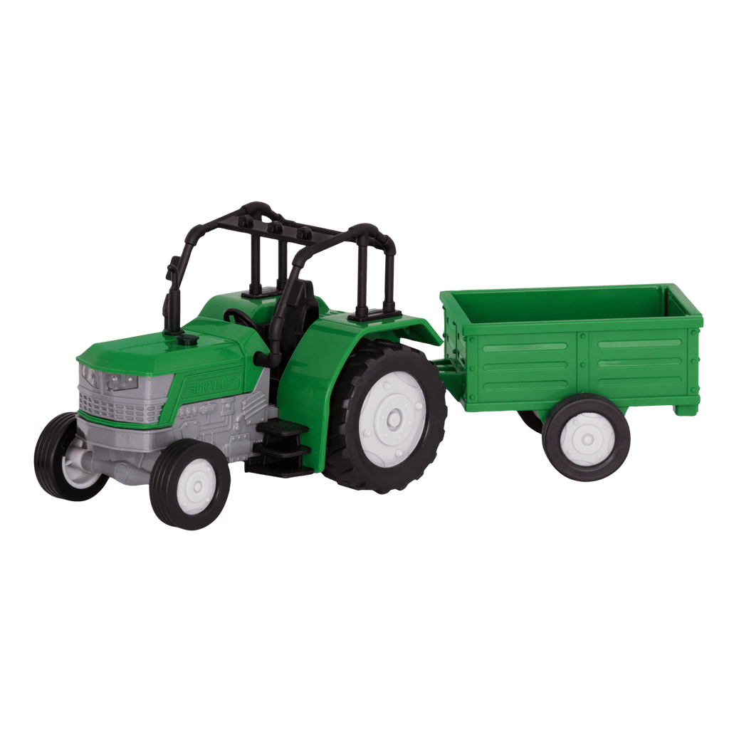 Small Micro Series Green toy tractor with trailor