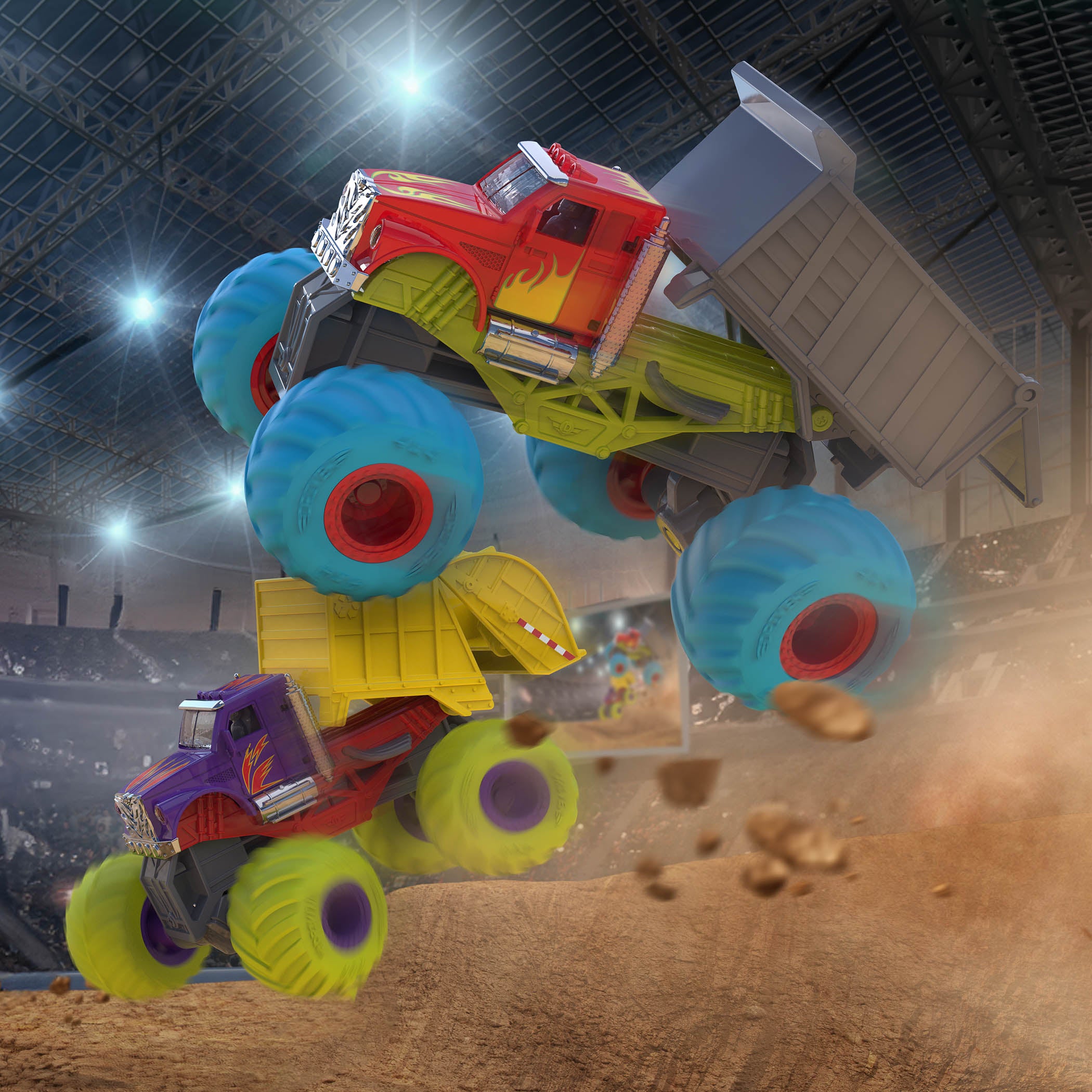 Two toy monster trucks.