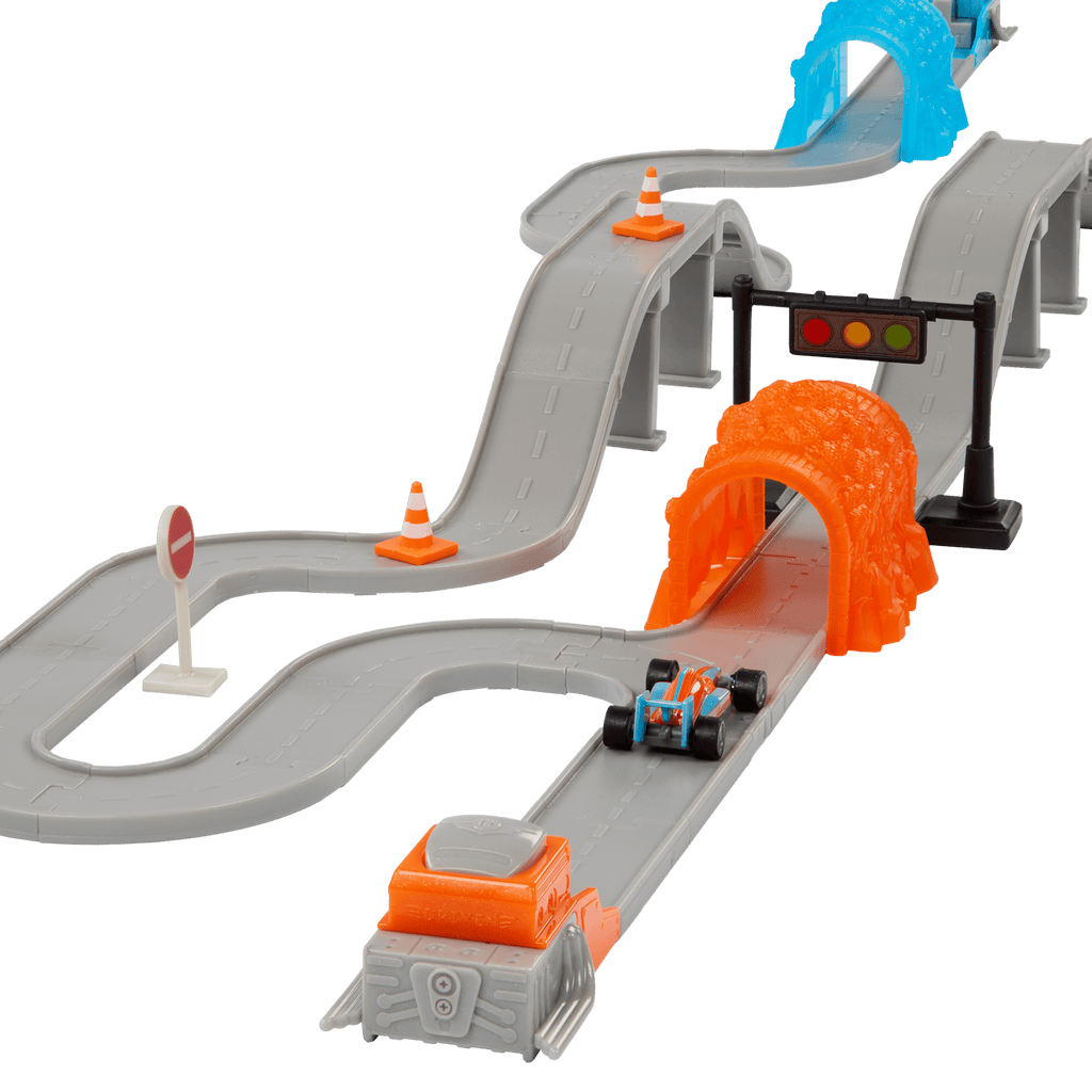 Toy car track with mini vehicles.