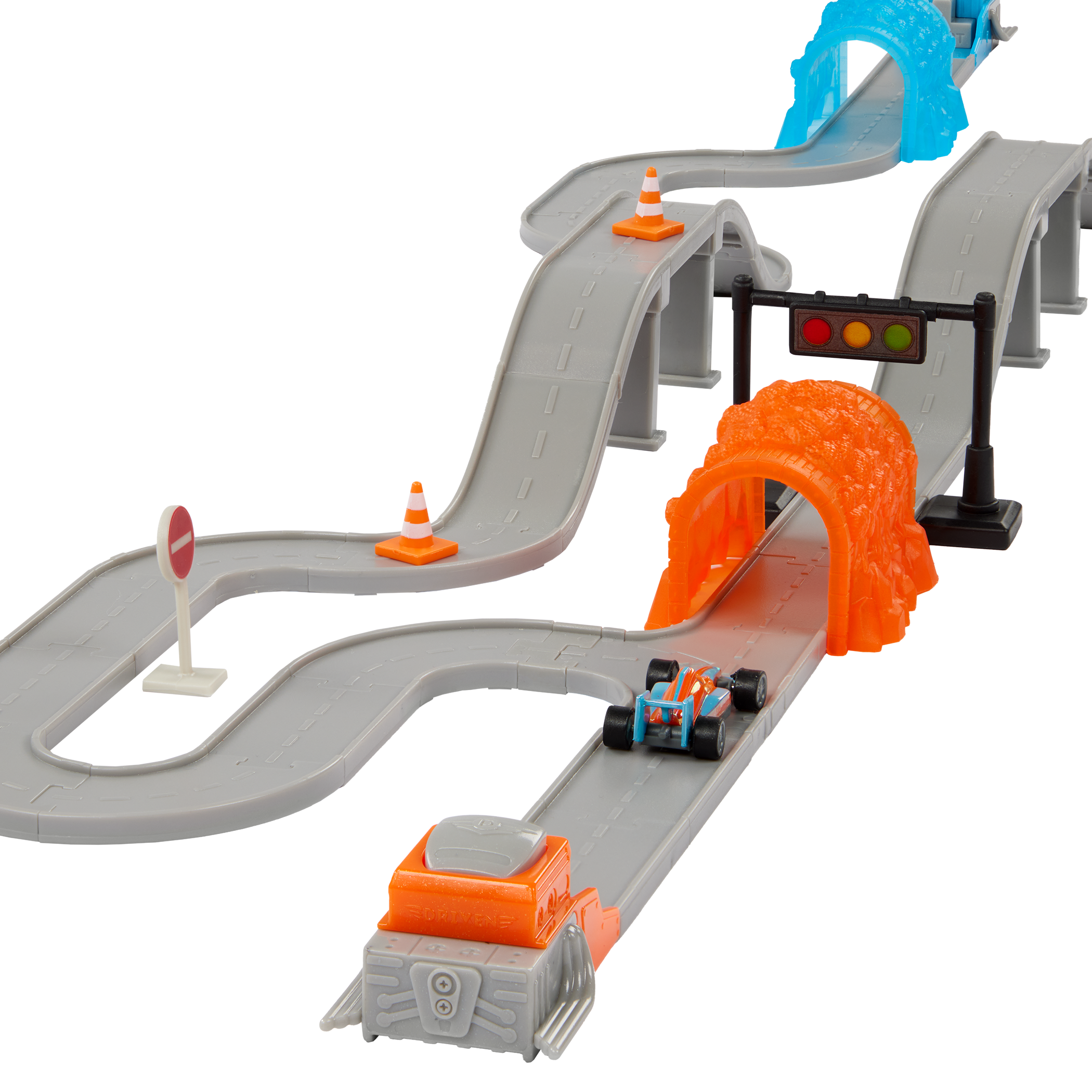 Toy car track with mini vehicles.