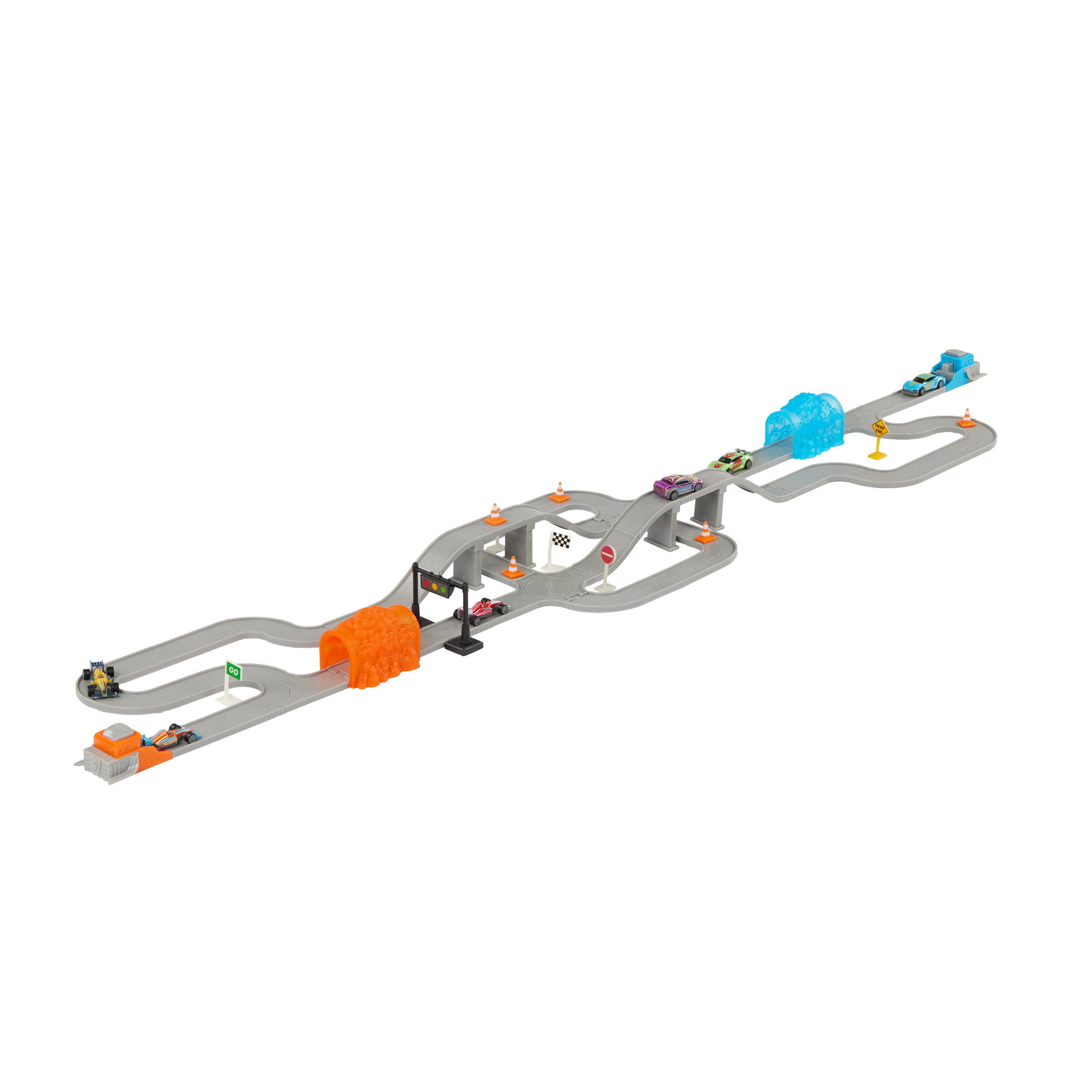 Toy car track with mini vehicles.