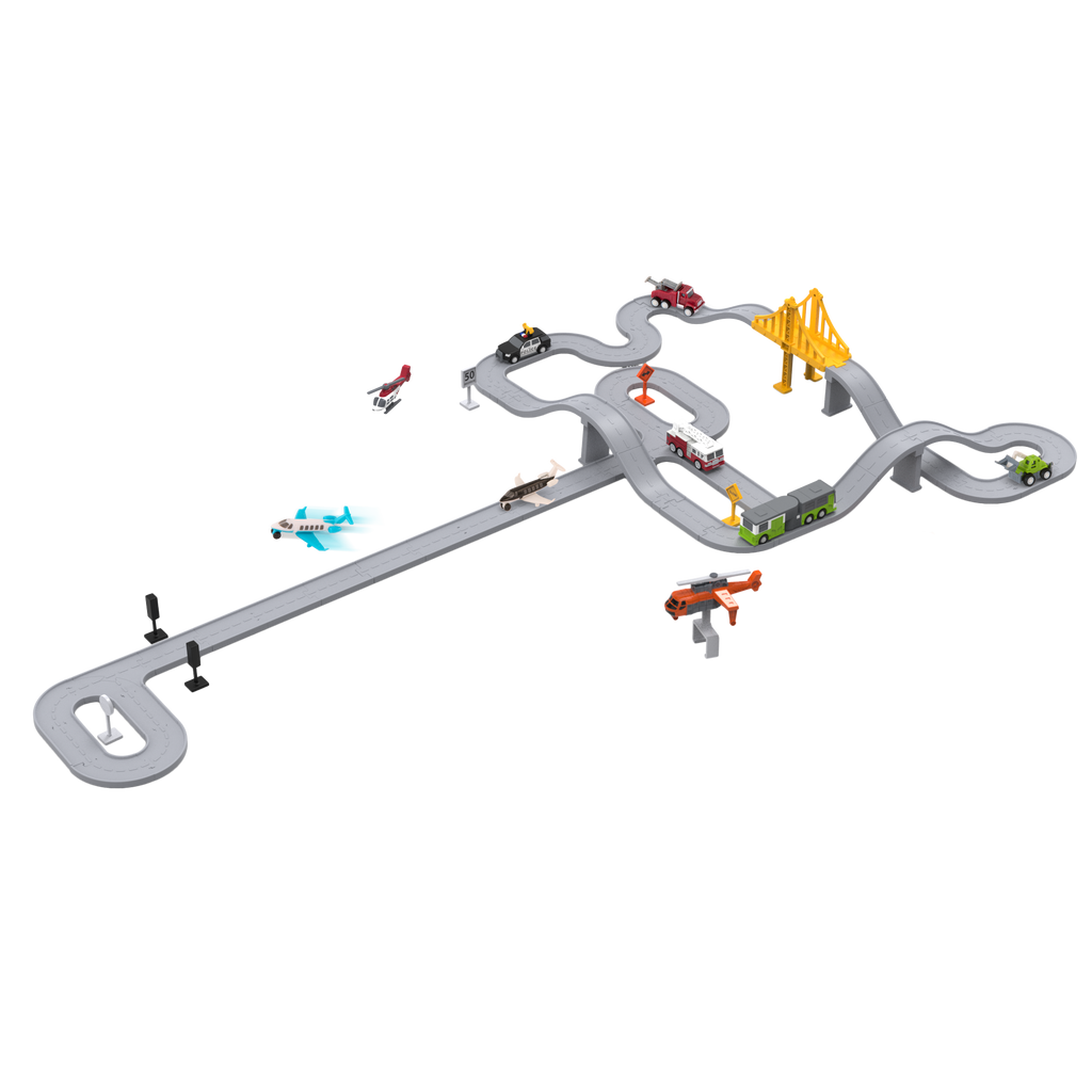 Toy car track with mini vehicles and accessories.