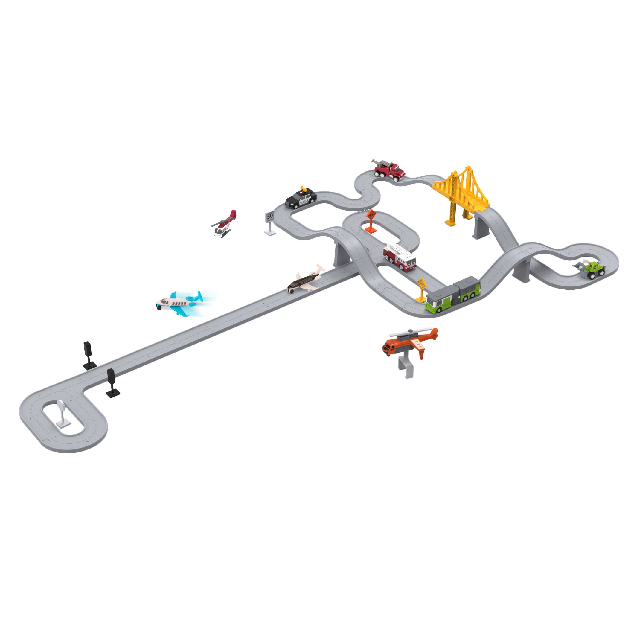 Toy car track with mini vehicles and accessories.
