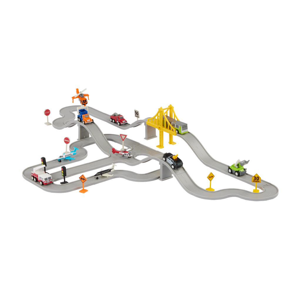 Toy car track with mini vehicles and accessories.