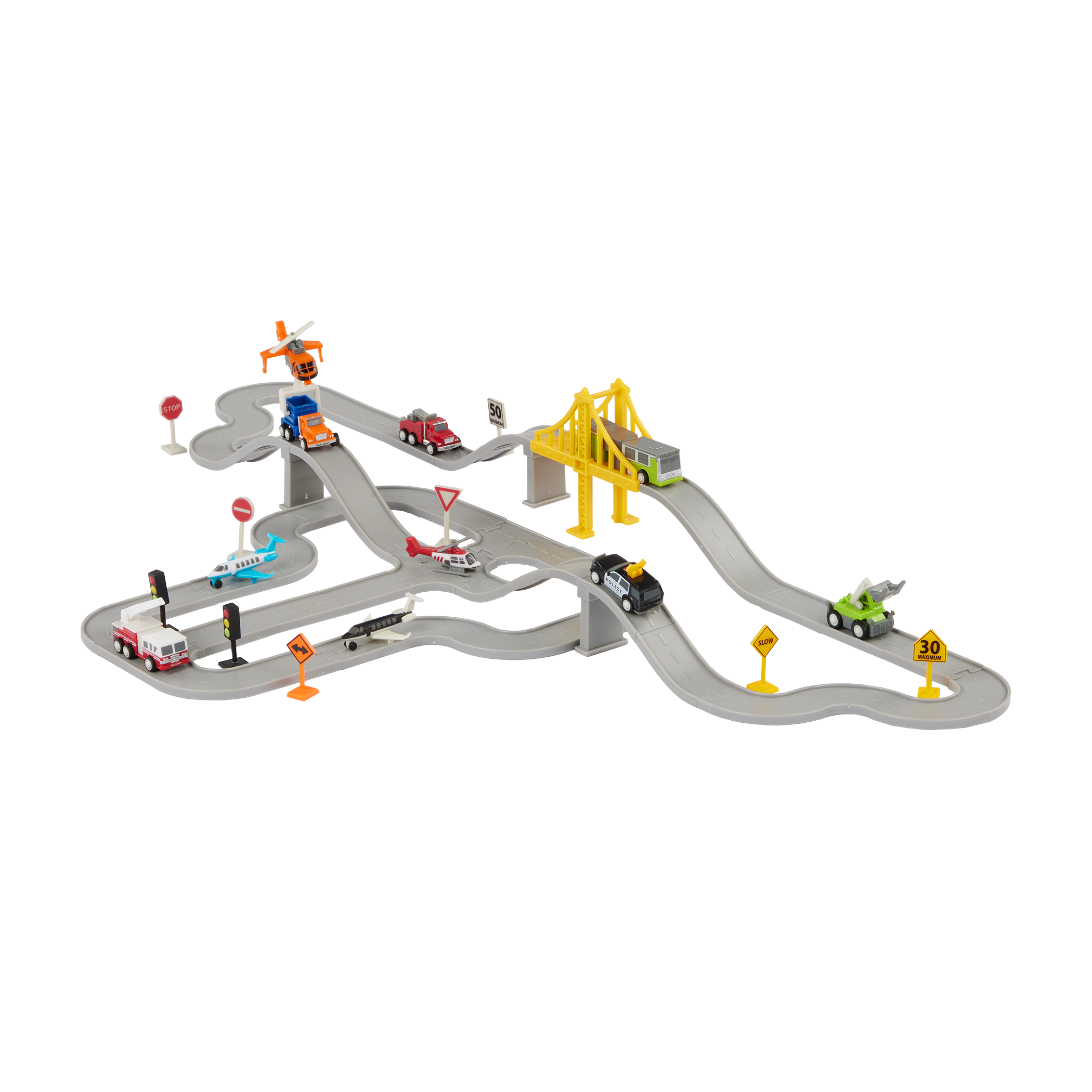 Toy car track with mini vehicles and accessories.