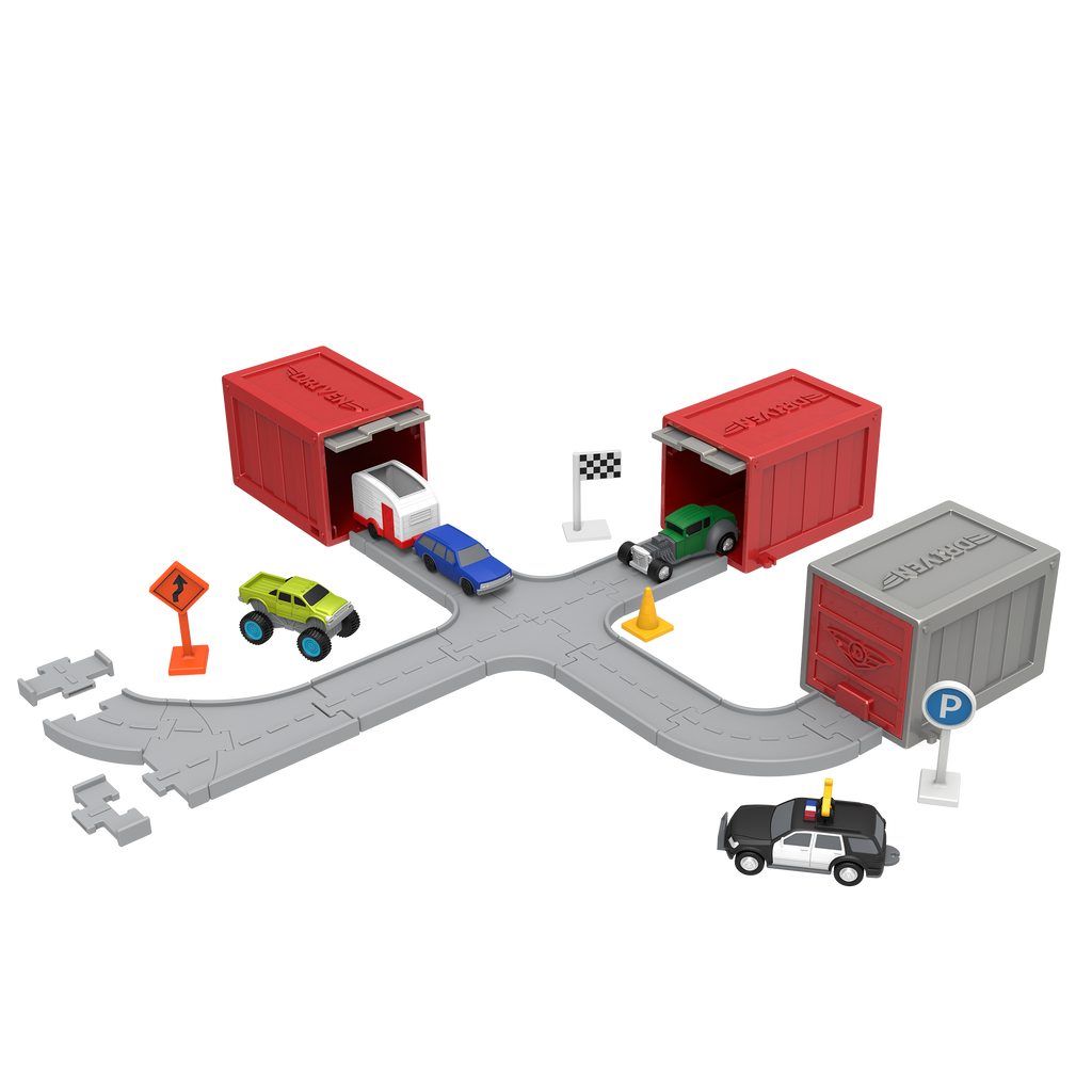 Surprise container with toy vehicles surrounding it.