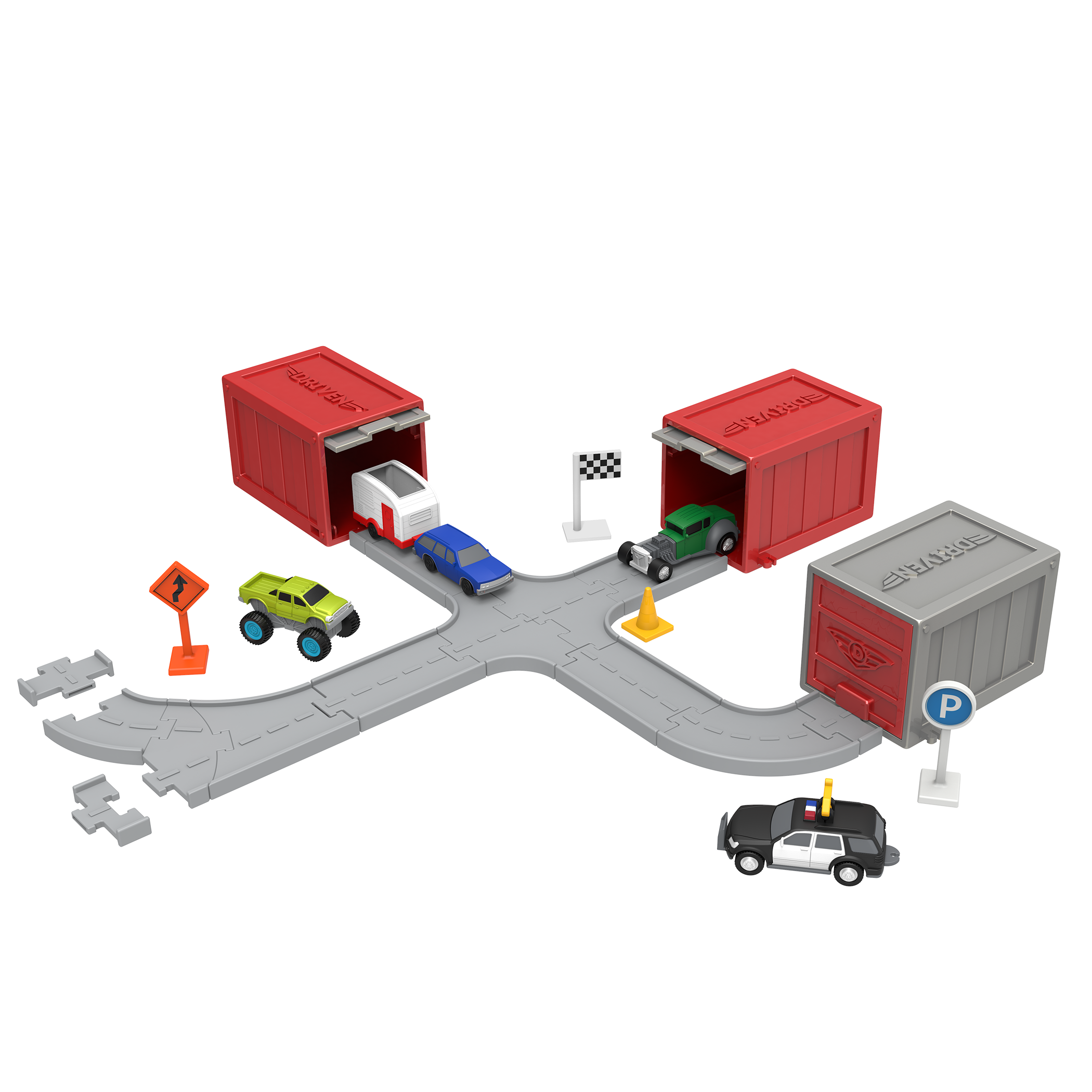 Surprise container with toy vehicles surrounding it.