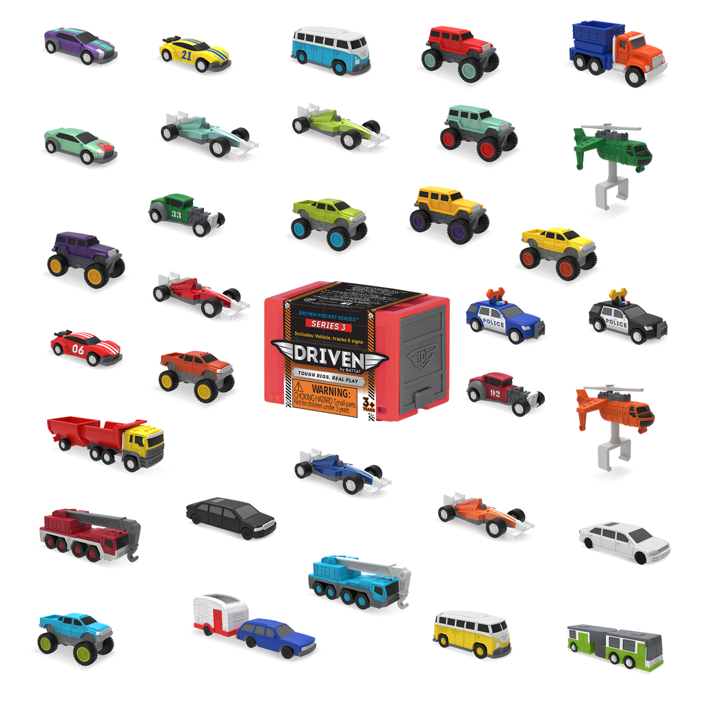 Surprise container with toy vehicles surrounding it.