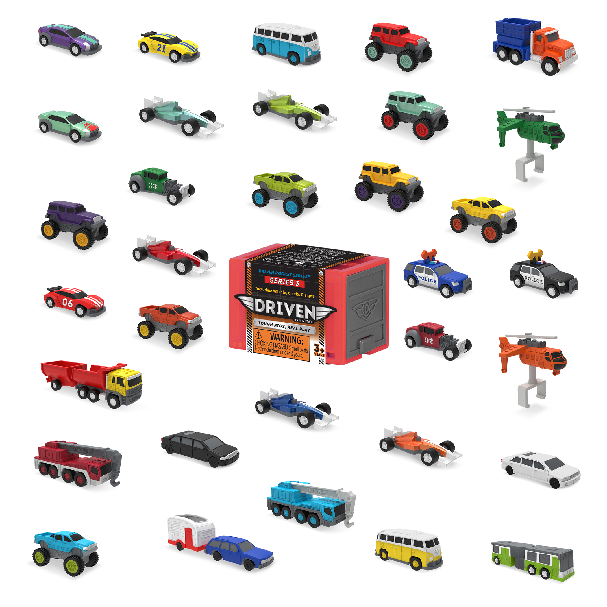 Surprise container with toy vehicles surrounding it.
