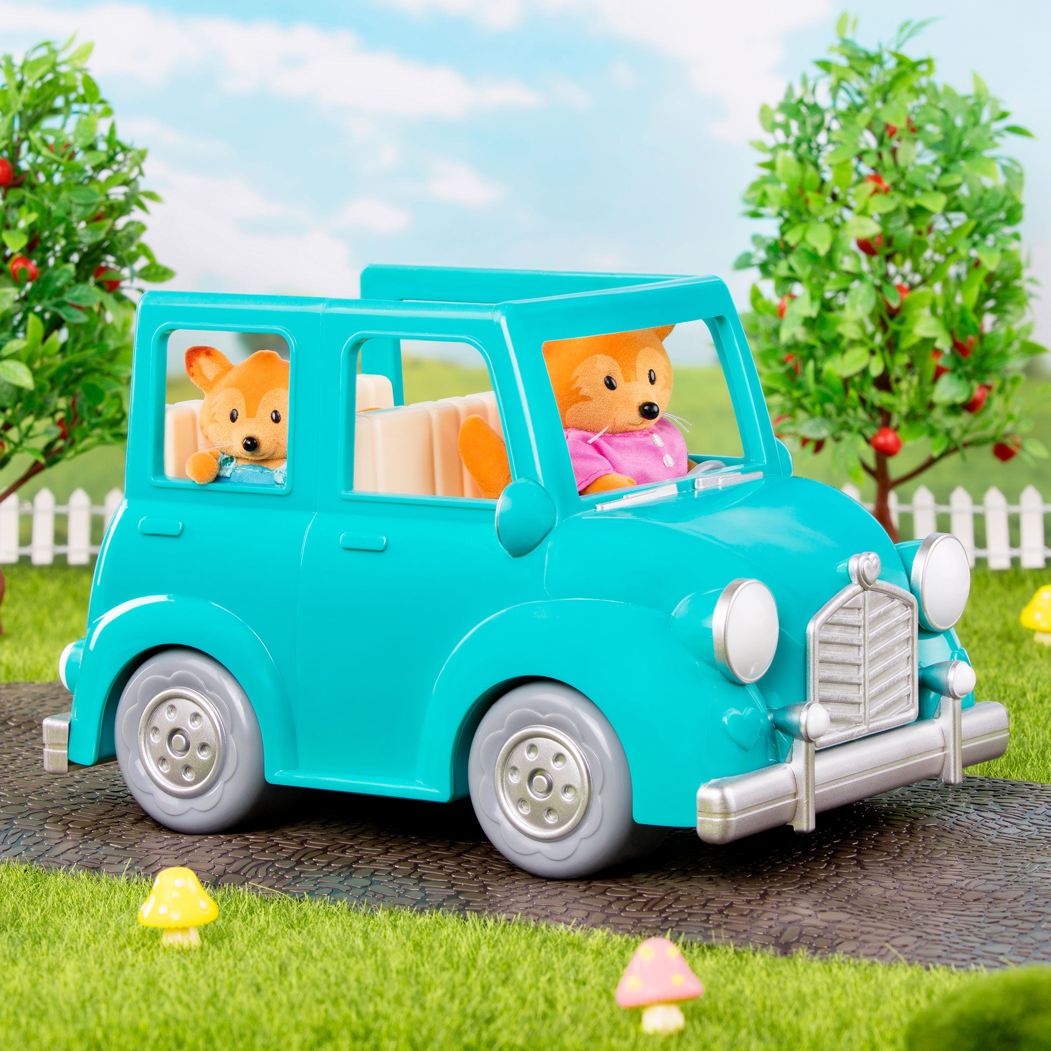 Toy car with mouse figurines inside