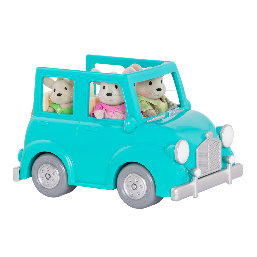 Toy car with mouse figurines inside