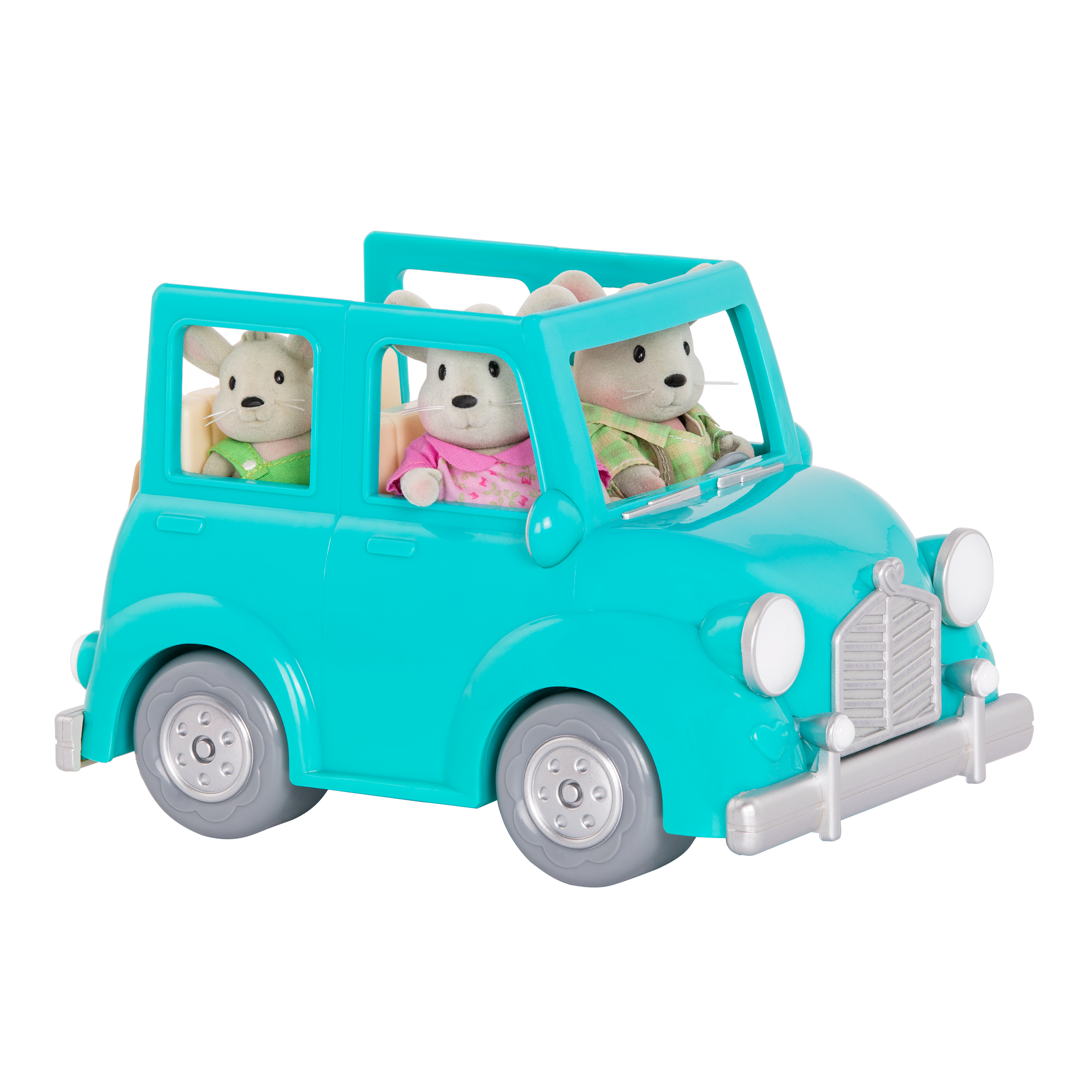 Toy car with mouse figurines inside