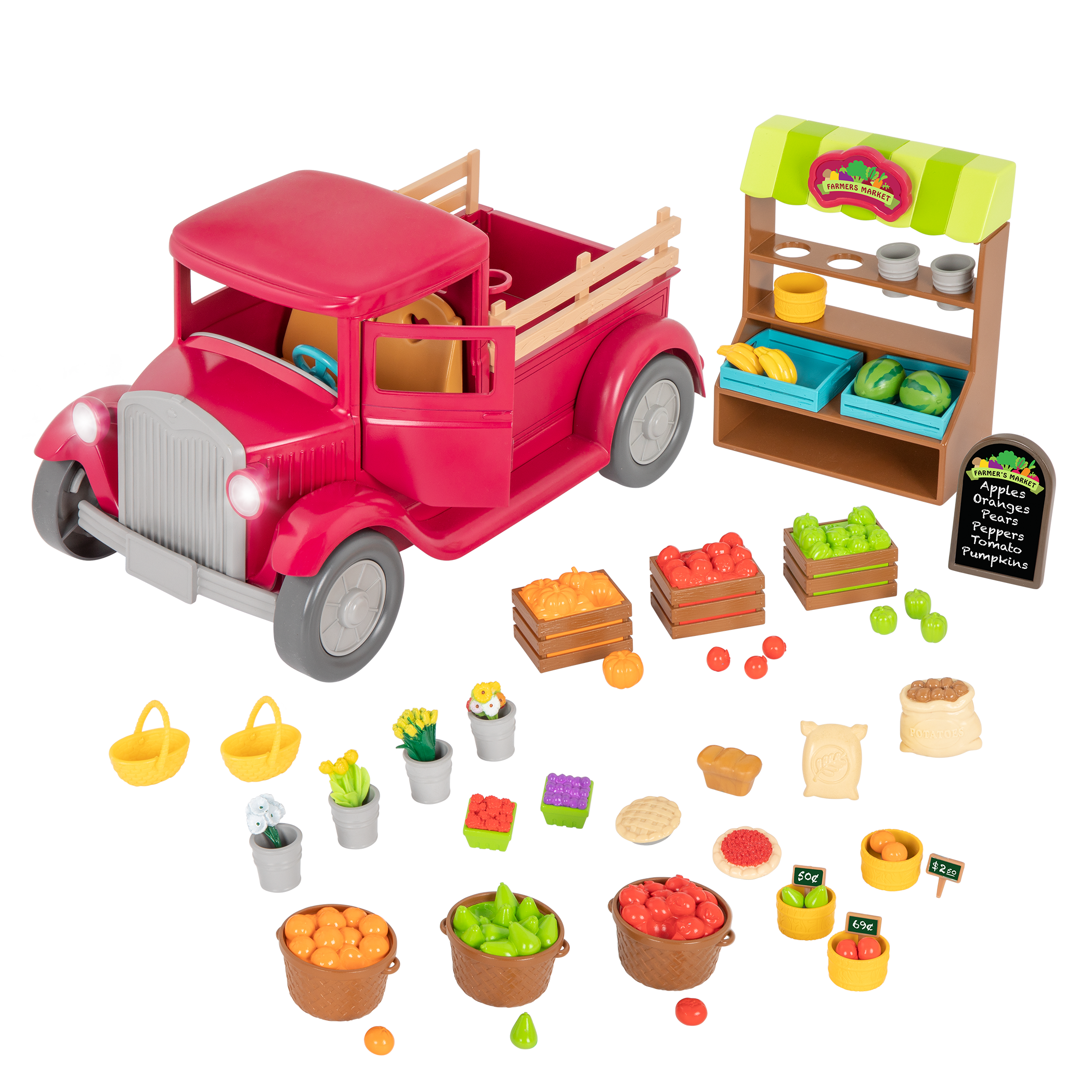 Toy truck with with food and market stand